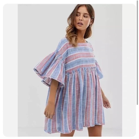 FREE PEOPLE SUMMER NIGHTS STRIPED COTTON TUNIC  MINI DRESS SHORT BELL-SLEEVE TOP - Picture 12 of 16